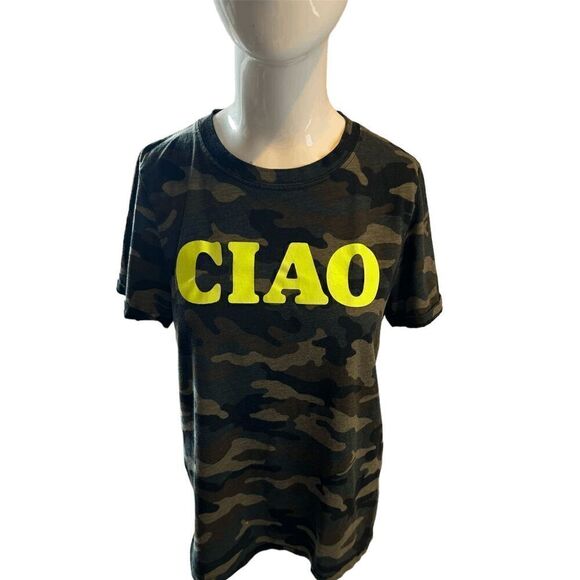 Back When by Anthropologie Ciao Graphic Tee Crew Neck Short Sleeves Sz S Camo - Picture 1 of 6